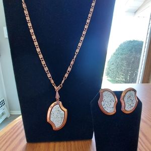 Vintage Copper Necklace 11.5" Pendant w/Confetti Enamel or Porcelain &Earrings.